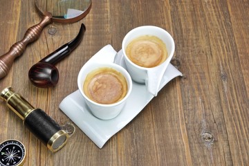 Spyglass, Magnifying Glass,  Compass, Smoking Pipe and Two Coffe