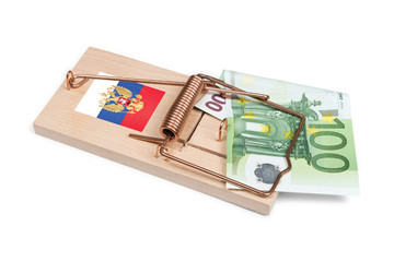 Russian mouse trap with Euro bill isolated over white with clipp
