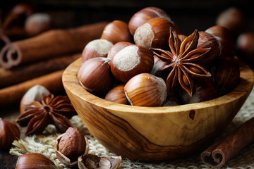 Hazelnuts with star anise and cinnamon sticks