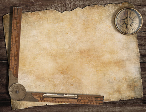 Old treasure map background with compass and ruler. Exploration