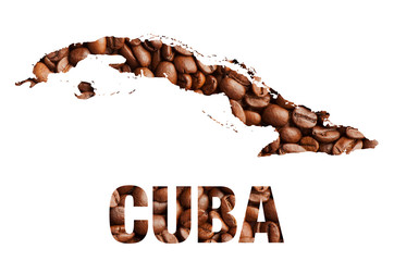 Cuba map and word coffee beans isolated on white