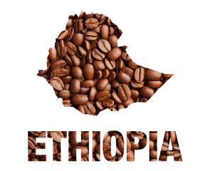 Ethiopia map and word coffee beans isolated on white