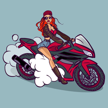 Funny vector cartoon colorfull biker girl in pin-up style isolat