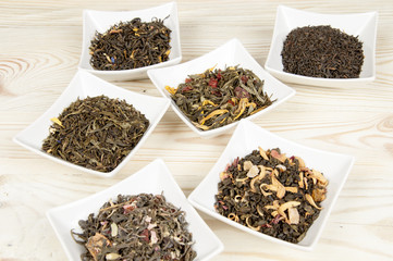 Various tea in a white bowls