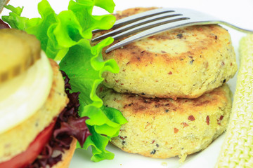 Vegan sea burger patties closeup on white background