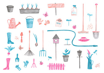 Set of garden tools signs on white background