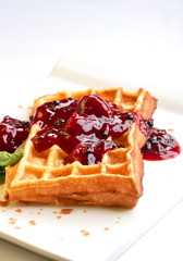Waffles with berries. Selective focus