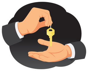 Businessman hand provides the key to the real estate buyer