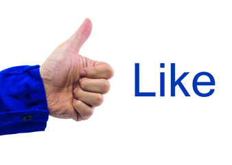 Real hand of Facebook thumbs up sign on white background