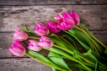 bouquet of bright pink tulips on a wooden background