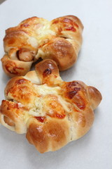 Cheese sausage bread  on white background.