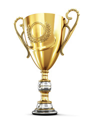 Fototapeta na wymiar Golden trophy cup on a white