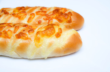 Close up Long bread on the white bacground