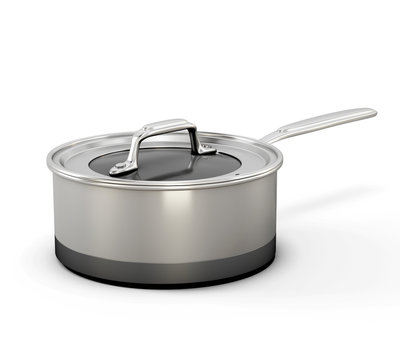 Steel pot with a handle on a white background