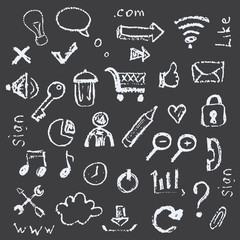 Web icons painted on a black background in the style of chalks.