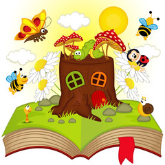 Obraz premium open book with house stump and insects