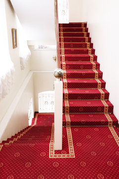 Stairs Covered With Red Carpet  - Hotel