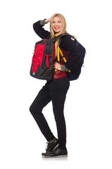 Fototapeta premium Young woman student with backpack isolated on white