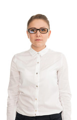 Young woman in a white shirt and glasses against white backgroun