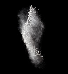 Freeze motion of white dust explosion isolated on black