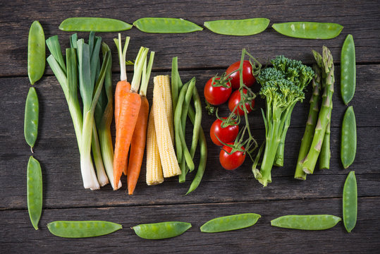 vegetable background, from above on wooden table