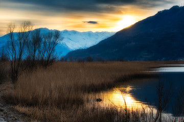 Sunset in a river in the mountains on the Prairie