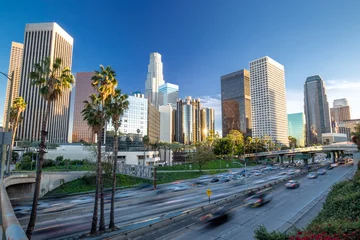 Washable wall murals Los Angeles Los Angeles downtown buildings skyline highway traffic