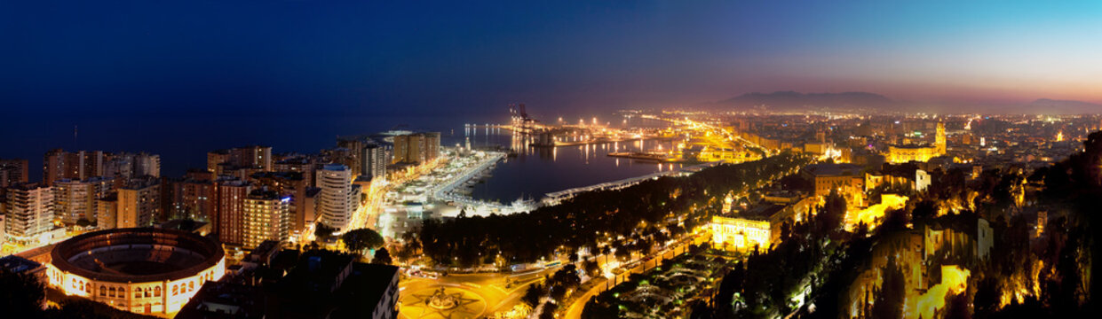 View over Malaga at night Andalusia Spain