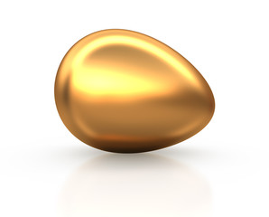 Gold Easter egg on white reflection background.