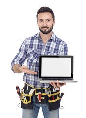 Handyman showing laptop