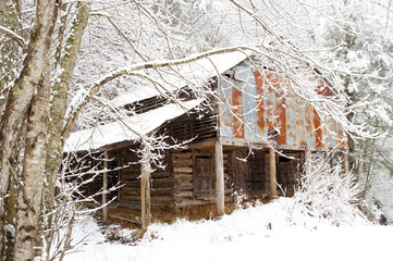 Snow covers an old tobacco barn.