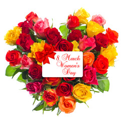 Colorful roses bouquet in heart shape. 8 March Womens Day