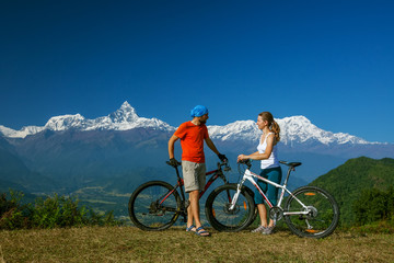 Biker family in Himalaya mountains, Anapurna region