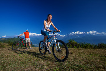 Biker family in Himalaya mountains, Anapurna region