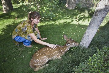 Tourist caressing Spotted deer in Bardia, Nepal
