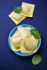 Above view of italian ravioli with ricotta and spinach stuffing