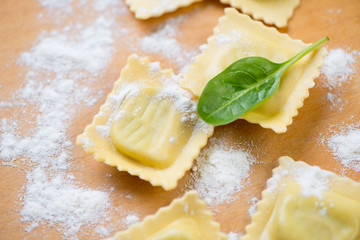 Close-up of raw square italian ravioli, studio shot