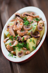 Glass bowl with italian octopus salad, close-up, studio shot