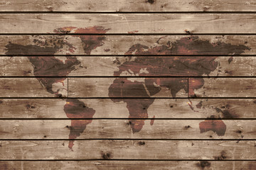 old wood texture with world map