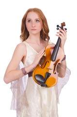Ancient goddess with violin isolated on white