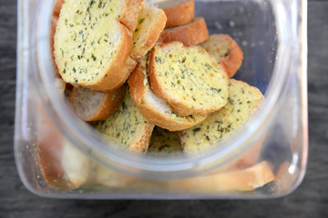 garlic breads in bottle, selective focus.