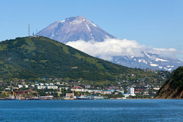 View of city Petropavlovsk-Kamchatsky, Avacha Bay and Koryaksky