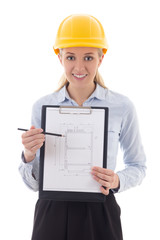 business woman architect in builder helmet holding clipboard wit