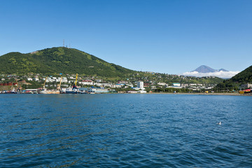 View of city Petropavlovsk-Kamchatsky, Avacha Bay and Avacha Vol