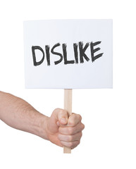 Hand holding sign, isolated on white