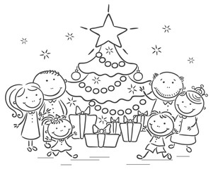 Family with a Christmas tree and presents