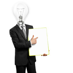 lamp head businessman with empty write board