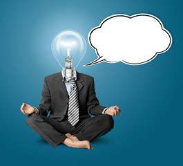 lamp-head businessman in lotus pose with speech bubble