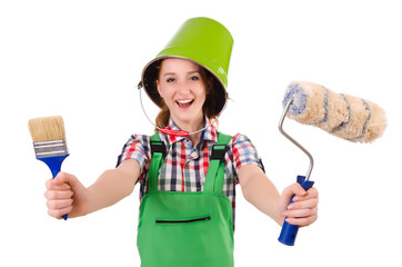 Funny woman painter in construction concept isolated on white