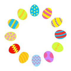 Colored Easter egg set round frame on white background Flat 